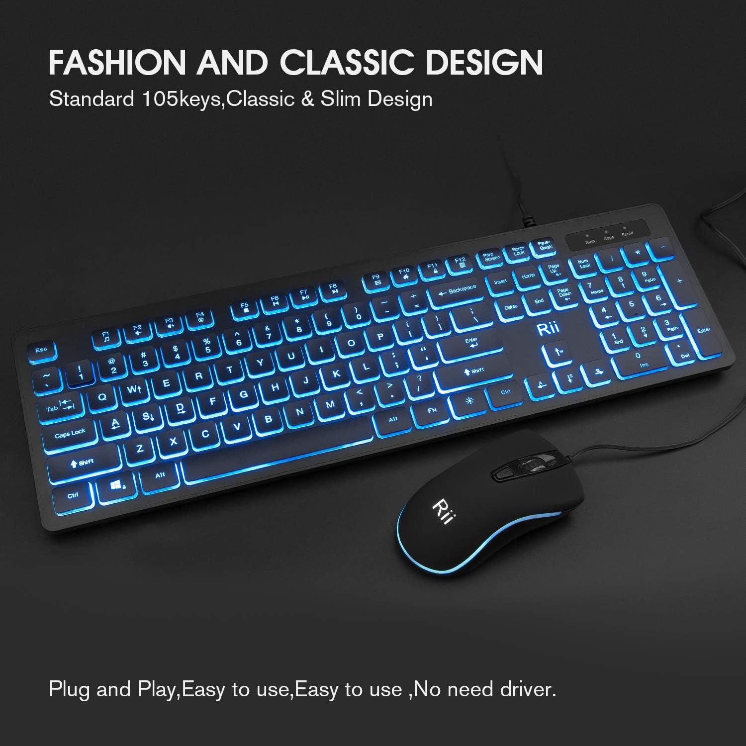 Rii Three Colors Backlit Business Keyboard,Gaming Keyboard and Mouse Combo,USB Wired Keyboard,RGB Optical Mouse for Gaming,Business Office: Computers & Accessories