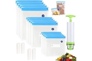 Sous Vide Bags，Reusable Vacuum Sealer Bags Food，20 Pcs (3 Size 15pcs Vacuums Zipper Bag & 4 Seal Clips & 1 Hand Vacuum Pump F