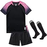 Hiheart Boys Soccer Jersey Set Football Team T-Shirt and Shorts with Socks Athletic Tracksuit