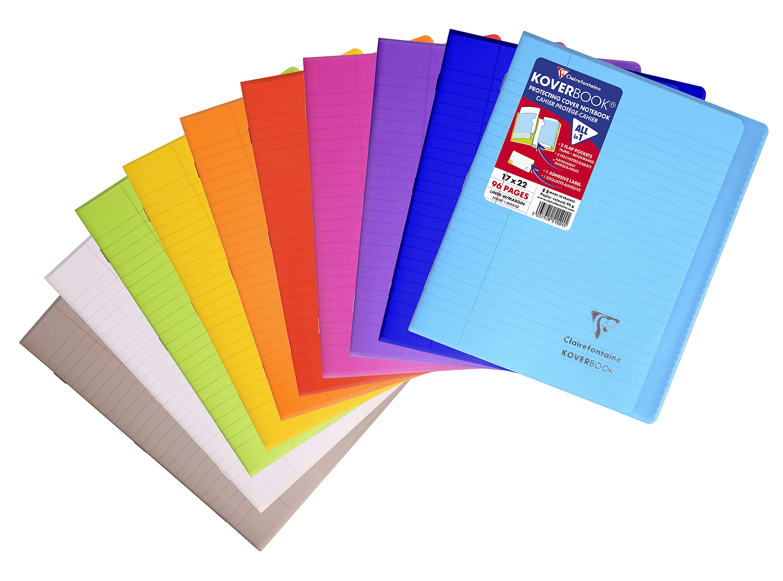 Clairefontaine 951501C - One Koverbook Stapled Notebook - Dimensions:17x22 cm - 96 Lined Pages with Margin - White Paper 90 g - Random Colour Polypro Cover