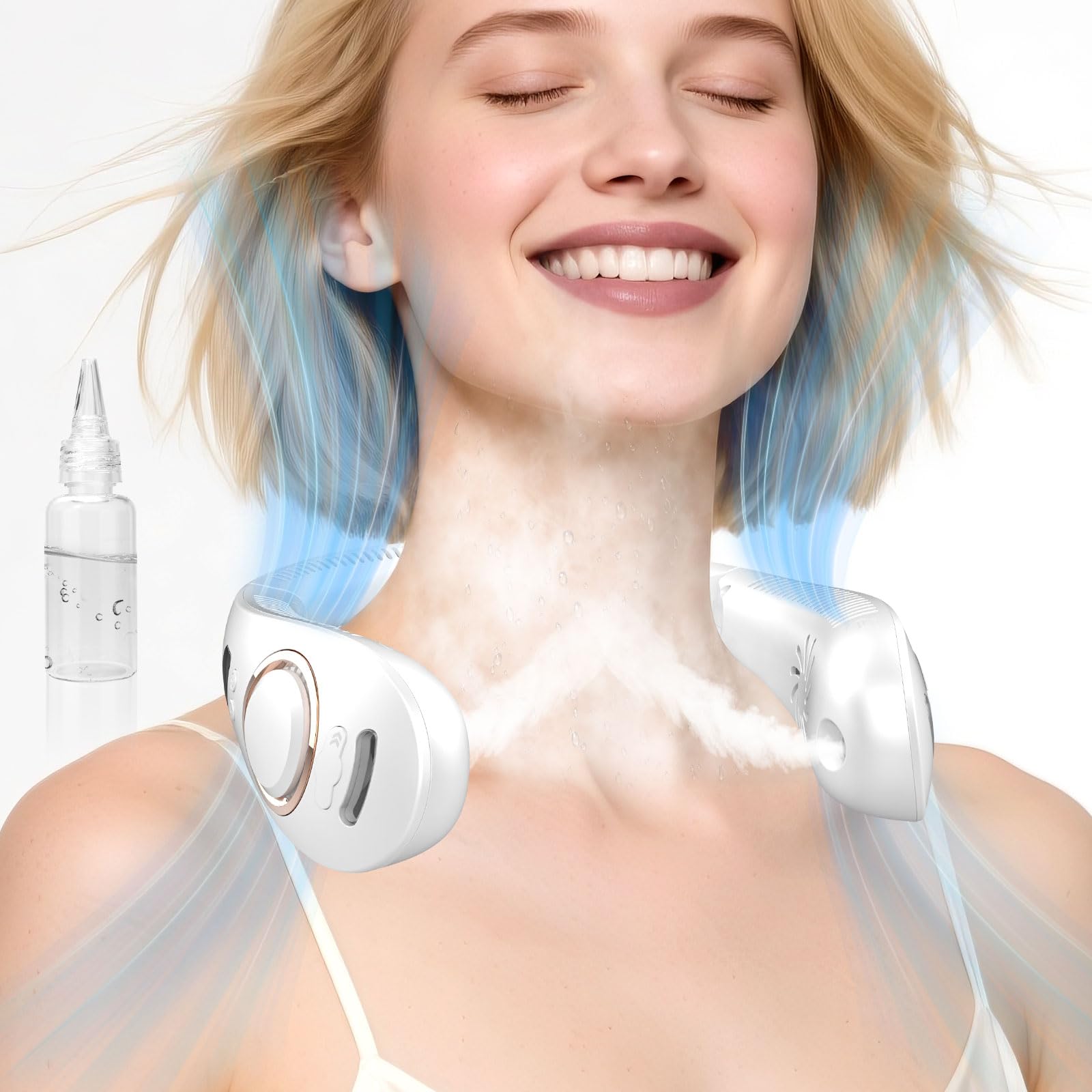 Photo 1 of Neck Fan with Mist Spray, Portable Neck Fans that Blow Cold Air,Folding Bladeless Personal Fan Mister, 5 Speeds USB-C Rechargeable Battery Operated Cooling Mising Fan for Women Men Kids White