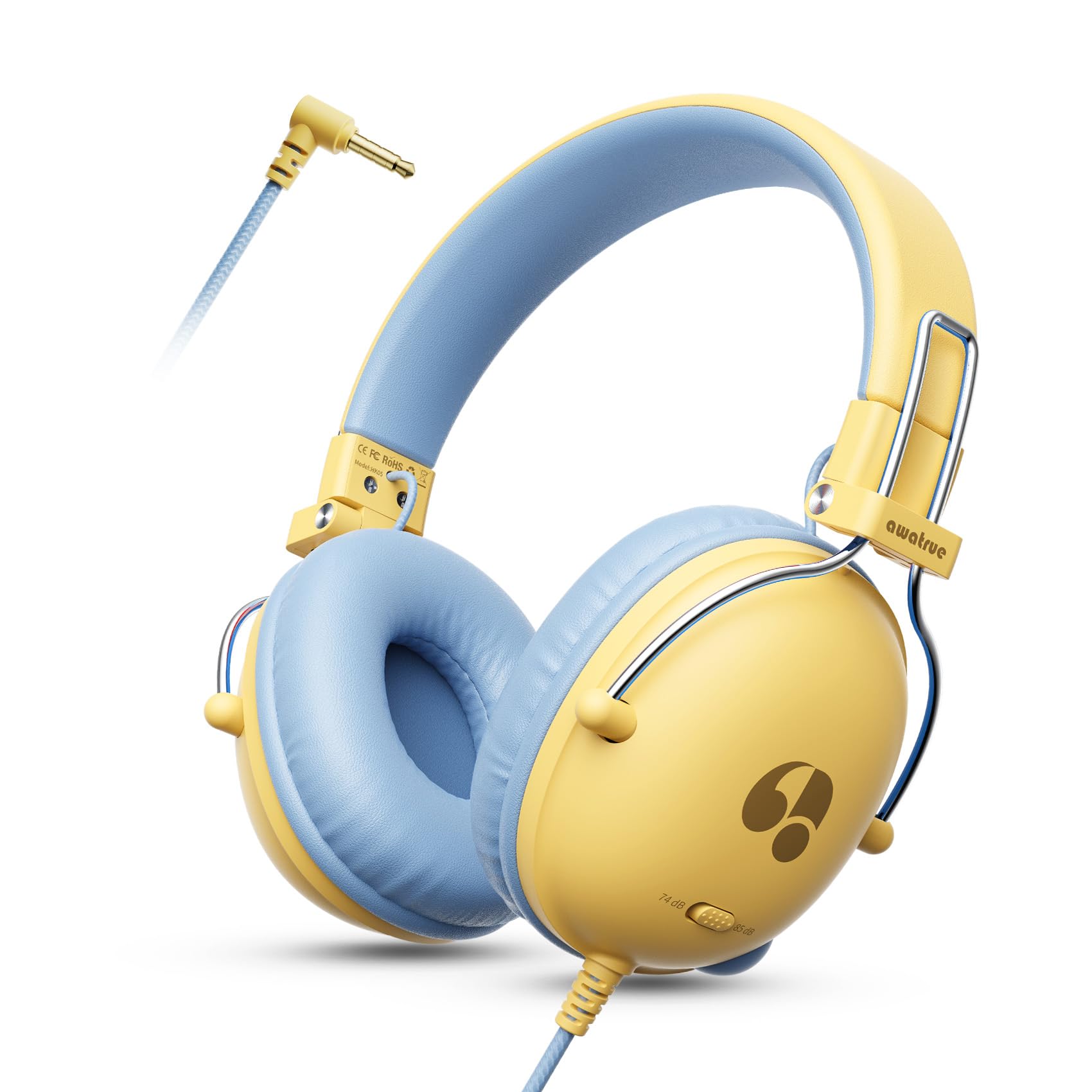 Photo 1 of awatrue Kids Headphones for School, 74/85dB Safe Volume Limit, Stereo Sound, Wired On-Ear Headphones for Kids Boys Girls, 3.5mm Jack for Tablet, iPad, Kindle, YOTO Player, Airplane Travel, Yellow