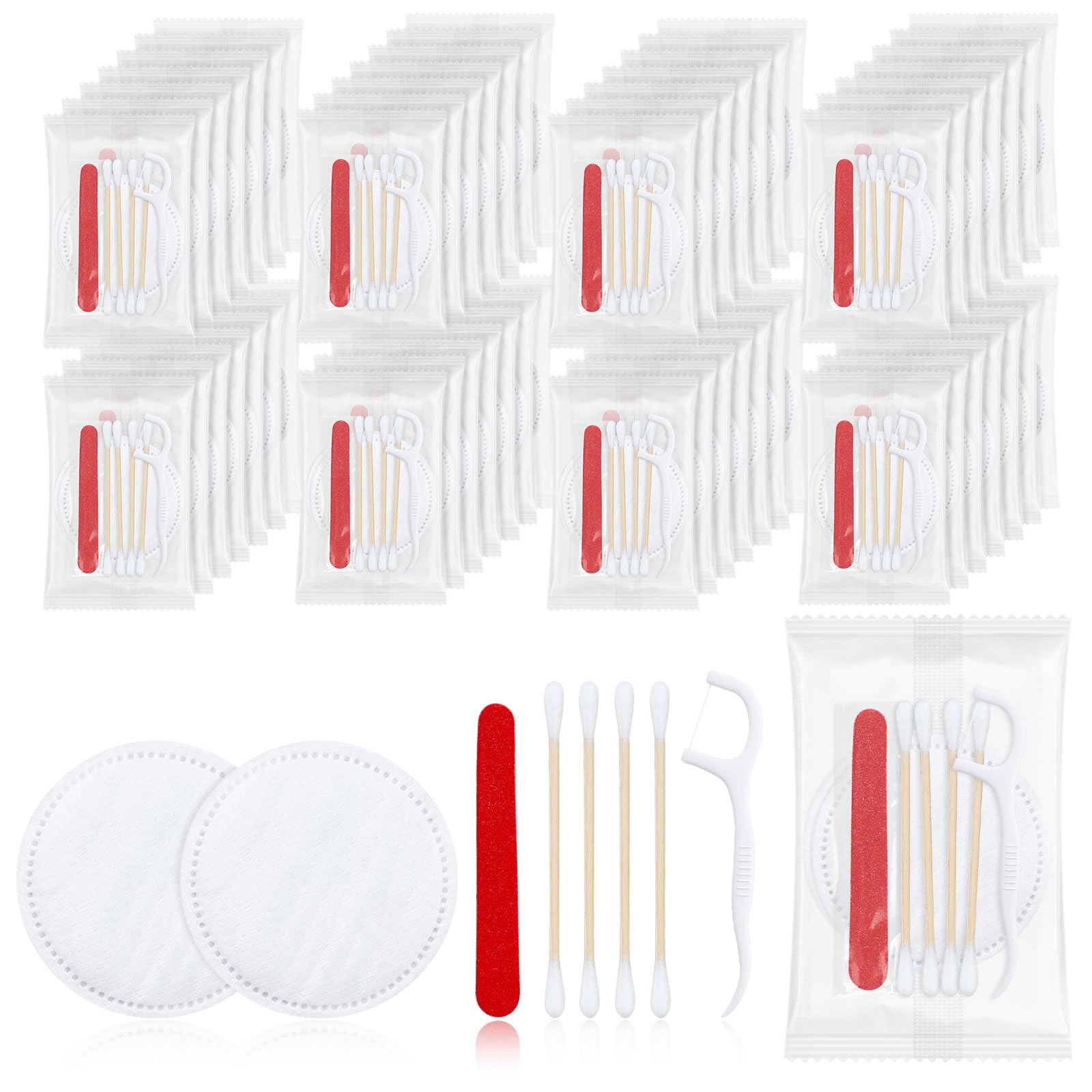 LLHQAMT Hotel Vanity Set, Hotel Supplies Toiletries Individually Packaged, Hotel Vanity Kit With Cotton Pads, Cotton Swabs, Dental Floss And Nail File (100-pack)
