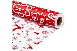 Iioscre Reversible Christmas Wrapping Paper, Santa Gift Wrapping Paper Roll, Red White Reindeer and Snowflake Wrapping Paper for New Year, Holiday, Party, 17 Inch X 32.8 Feet