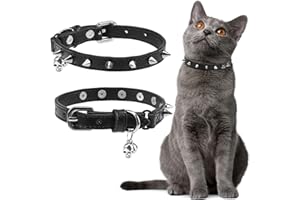 EXPAWLORER Leather Cat Collar for Girl Boy- Adjustable Pet Collar with Safety Elastic Belt,Personalized Punk Accessories Buckle Collars with Bell & Durable D-Ring,Pure Rivets(Black)