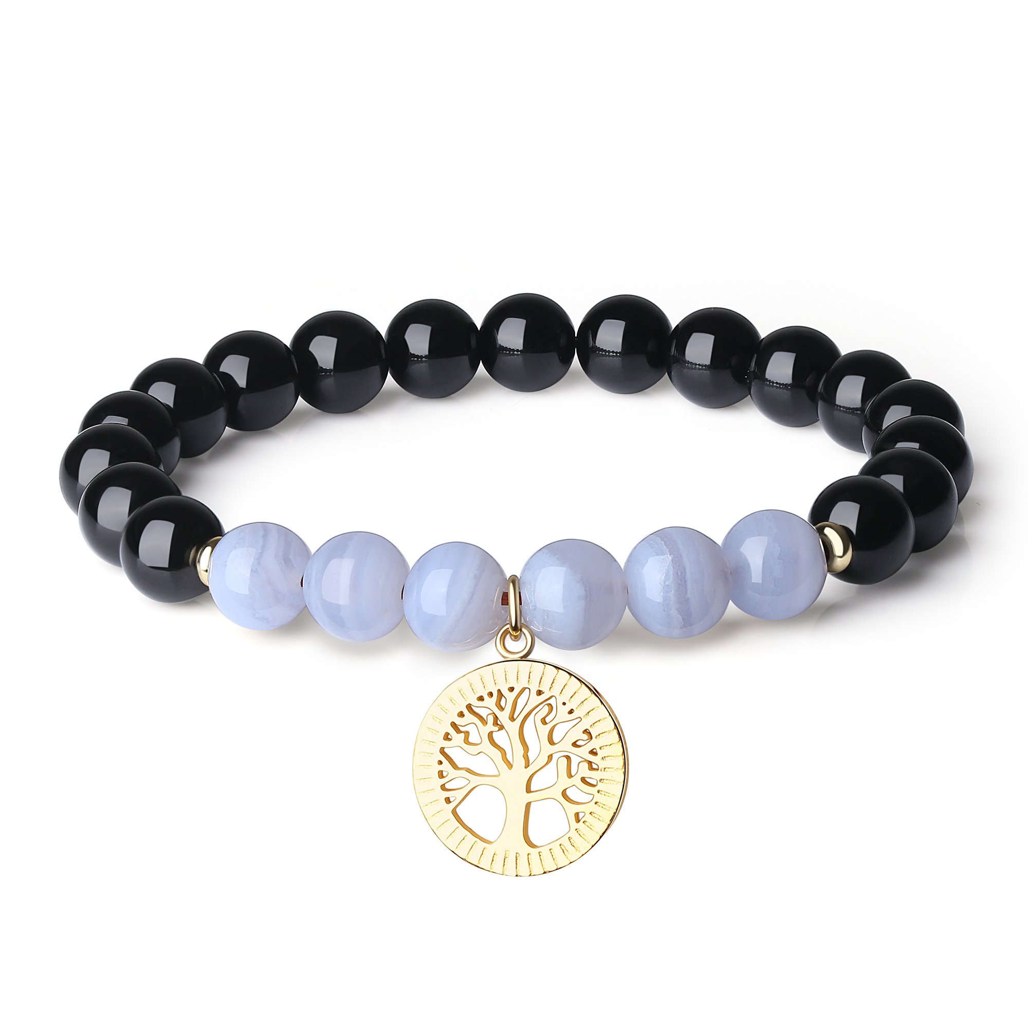 coai Tree of Life Charm Blue Lace Agate Black Tourmaline Bracelet for Women