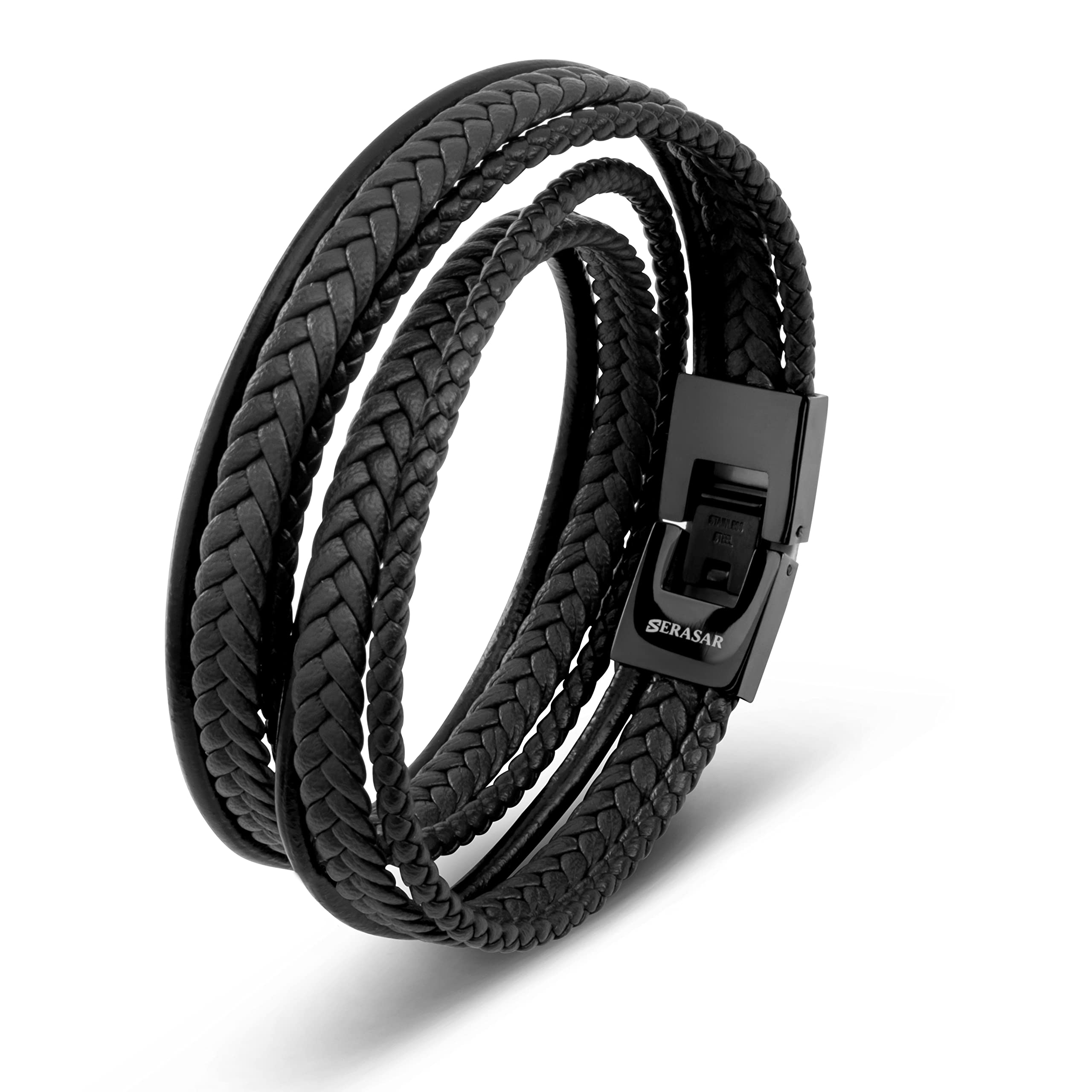 SERASAR Leather Wrist Band 46cm Black Bracelet Men GiftBox Genuine Braided AdjustAble Stainless Steel Accessories MultiLayer Wrap Rope Mans Male Mens Bracelets Jewelry