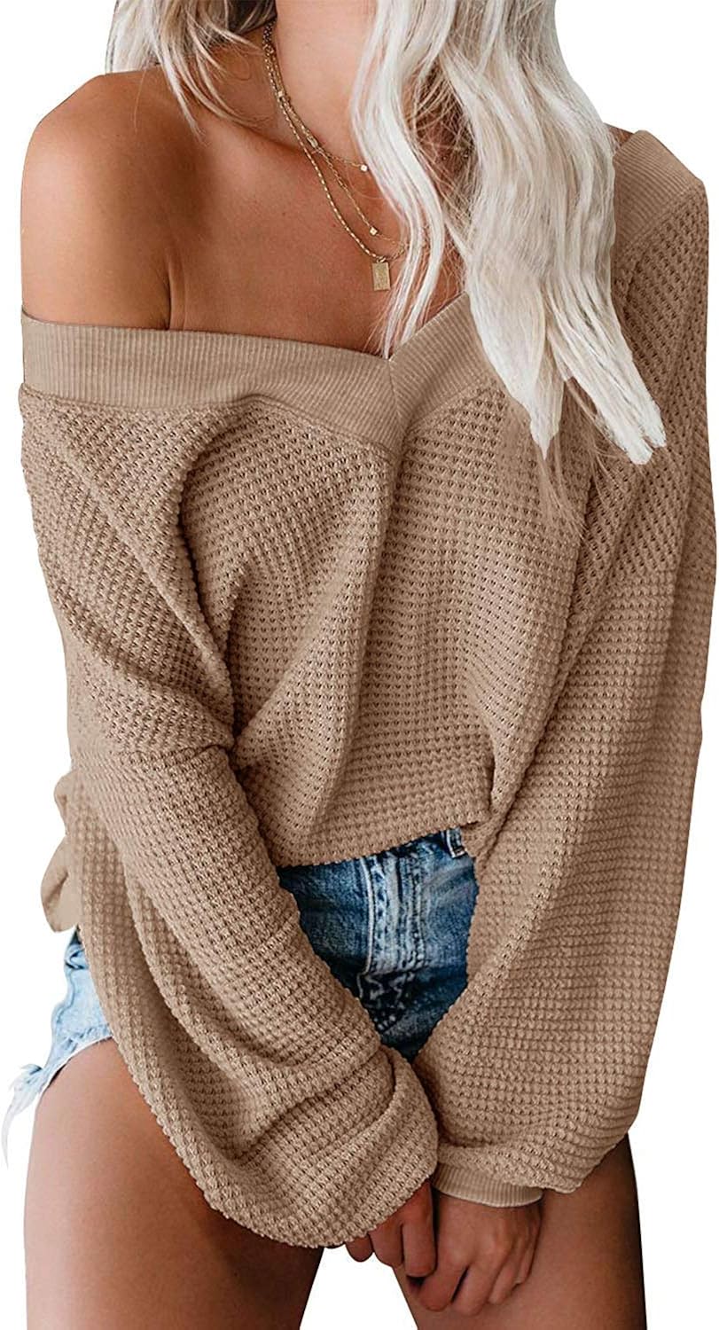 ReachMe Women's Oversized Off Shoulder Pullover Tops Long Sleeve Loose Fit Waffle Knit Tops at  Women’s Clothing store