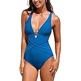 CUPSHE Women's One Piece Swimsuit Deep V Neck Bathing Suit Crossback Self Tie Wrap Front Swimwear