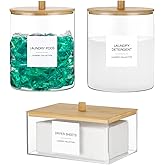 3 Pack Glass Jars and Acrylic Dryer Sheet Holder, Laundry Pods Container with Bamboo Lid and Measuring Cups for Laundry Room 