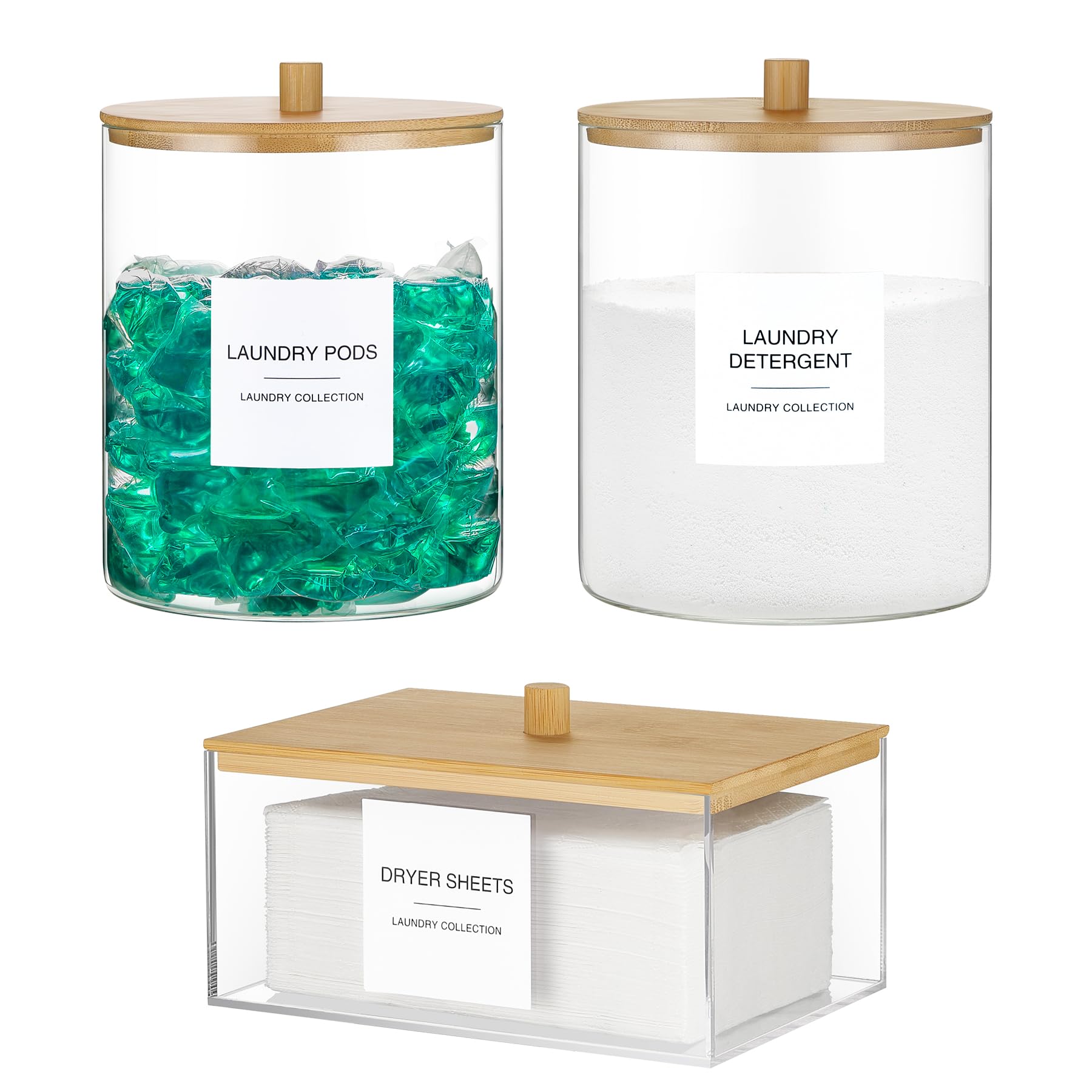 Photo 1 of 3 Pack Glass Jars and Acrylic Dryer Sheet Holder, Laundry Pods Container with Bamboo Lid and Measuring Cups for Laundry Room Organization, Powder Detergent Containers