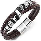 COOLSTEELANDBEYOND Mens Braided Leather Bracelet Double-Row Bangle Wristband with Stainless Steel Ornament