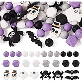 Cheriswelry 64Pcs Halloween Silicone Beads for Lanyard Bracelet Keychain Round Hexagon Loose Spacer Beads Skull Bat Spider Shape Beads Kit 14.5-32mm for DIY Home Party Decor Handicraft Making