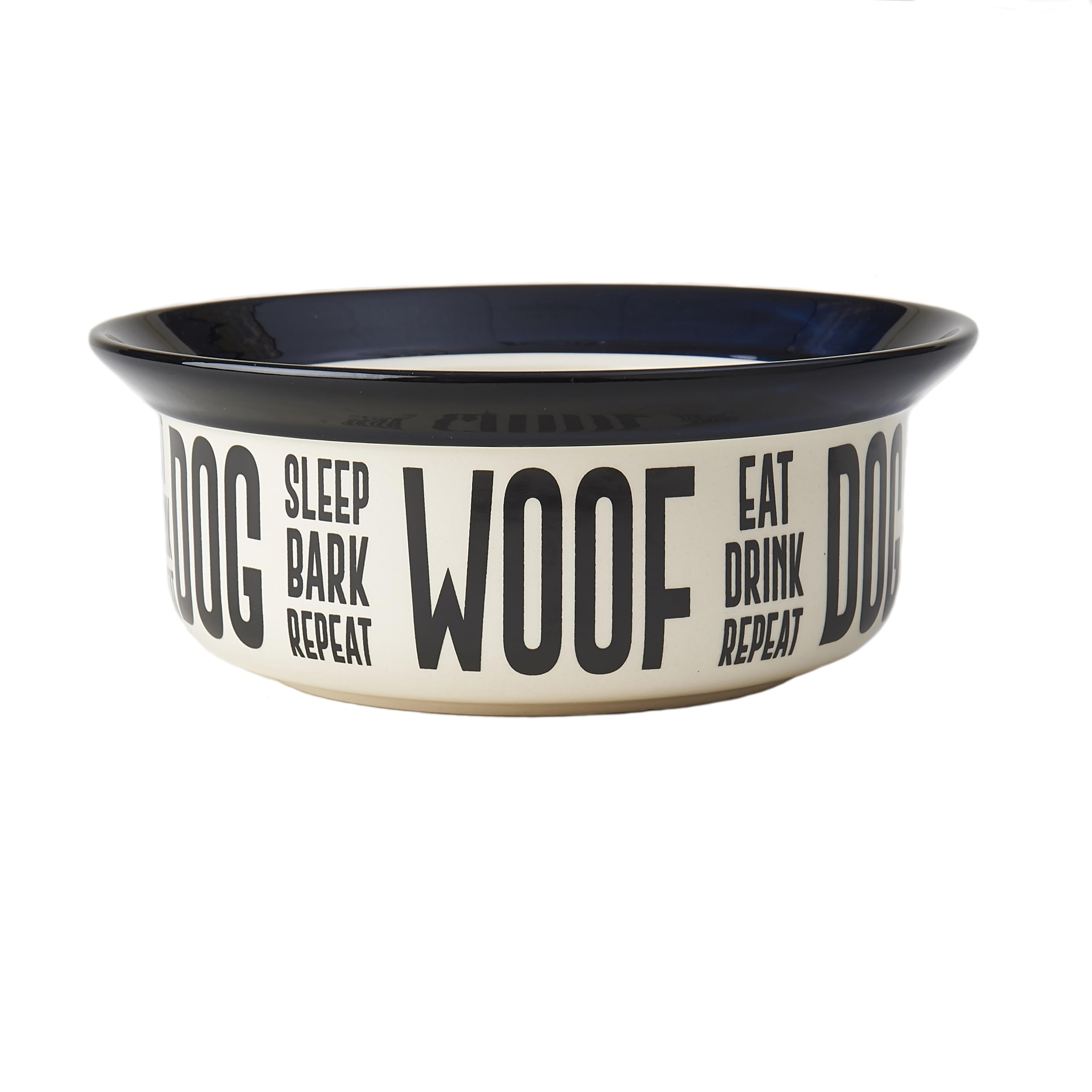 Photo 1 of PetRageous 17001 Eat Drink Repeat Two-Tone Stoneware Dishwasher Safe Dog Bowl 4-Cup 8.18-Inch Diameter 3-Inch Tall for Medium and Large Dogs and Cats, Off-White, (Pack of 1)