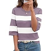 LOMON Womens Sweaters Casual Fall 2025 Crew Neck Striped 3/4 Sleeve Lightweight Knit Trendy Pullover Sweater Tops S-XL