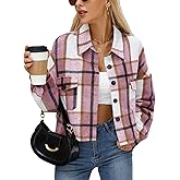 CYCLAMEN Women's Flannel Plaid Cropped Shacket Jacket Long Sleeve Button Down Crop Shirt Coat Fall Fashion Casual Outfits