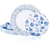 U-QE 20Pcs Blue Plastic Plates - Botanical Stripes Hanukkah Plates Disposable Heavy Duty, Fancy Floral Pattern Perfect for Hanukkah, Tea Parties, Holidays - 10.25" Dinner & 7.5" Dessert Plate