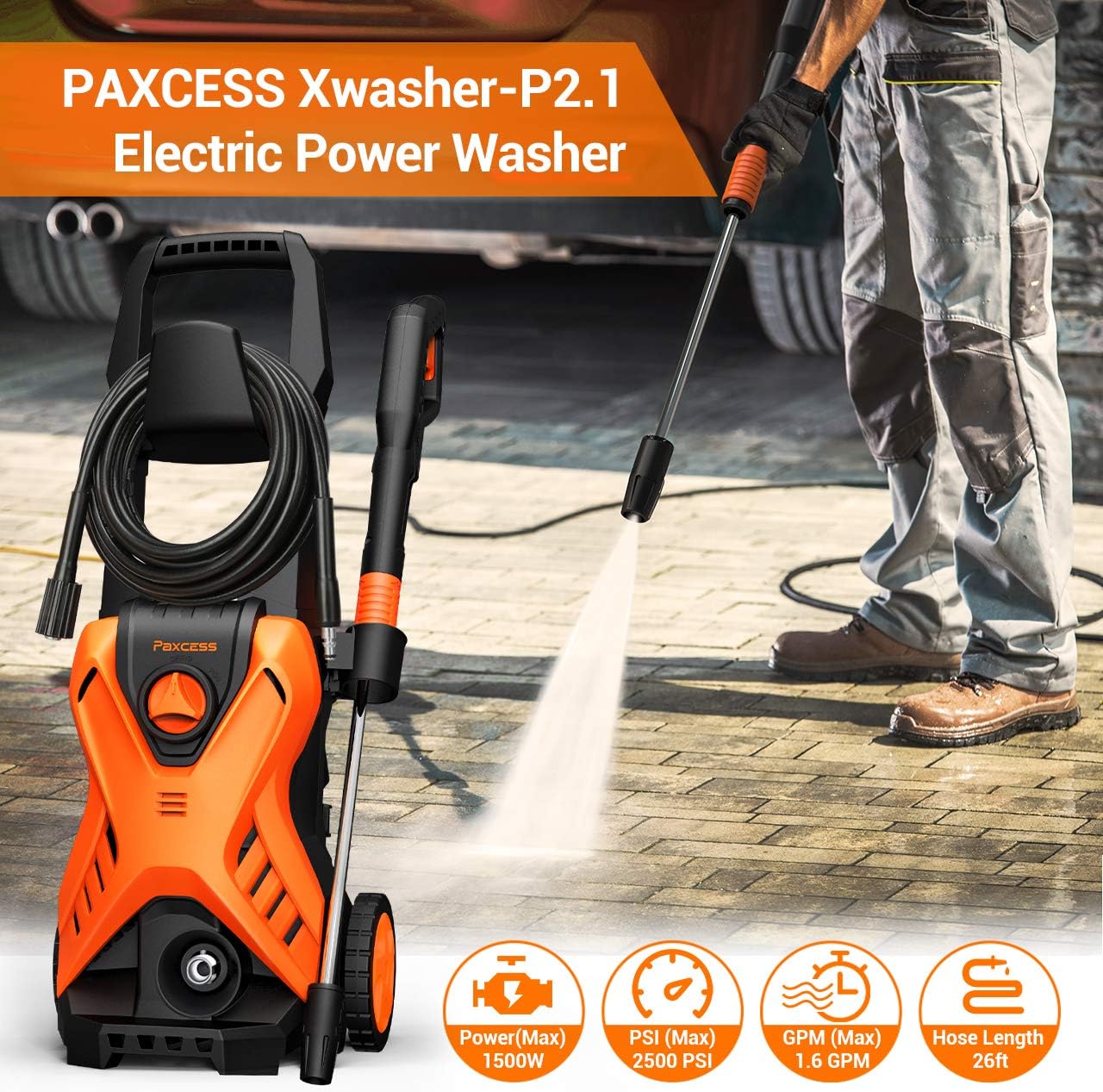 Paxcess Electric Power Pressure Washer 2500 PSI 1.6 GPM High Power Wash With Adjustable Spray Nozzle, Foam Cannon, IPX5, Car Washer, Pressure Cleaner For Home Use : Garden & Outdoor