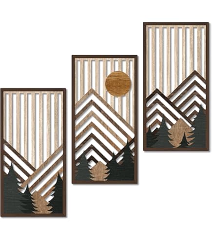Modern Abstract Wall Sculpture – Large Oak Wood Art, Mountain & Sun Design, Easy Hang Decor - View #2