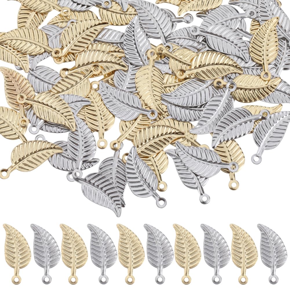 SUNNYCLUE 1 Box 100Pcs 2 Colors Leaves Charms Silver Stainless Steel Leaf Charm Bulk Spring Plant Gold Fall Small Tree Charm for Jewellery Making Charms Supplies DIY Necklace Bracelet Earrings Women
