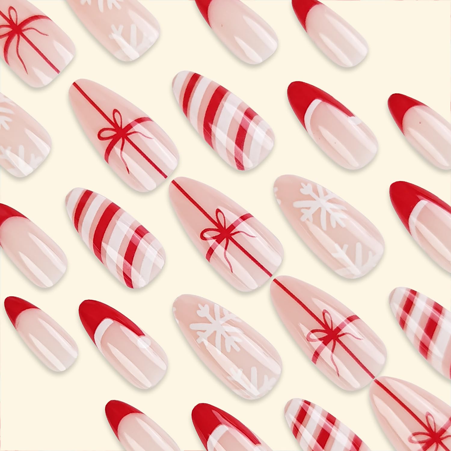 Christmas Press on Nails Medium Almond MABKJLF Red French Tip Fake Nails False Nails with Designs Cute Christmas Hat Snowflake Bow Glossy Glue on Nails for Women Girls 24 Pcs - Image 6