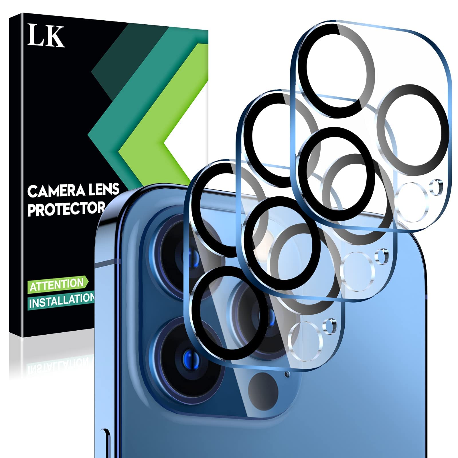 LK 3 Pack Camera Lens Screen Protector compatible with iPhone 13 Pro 6.1 inch and iPhone 13 Pro Max 6.7 inch, High Definition Tempered Glass, Scratch Protective Film, Case Friendly