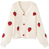 Chevara Women’s Cute Strawberry Embroidered Cardigan Long Sleeve V Neck Chunky Knitted Cardigans Kawaii Tops