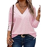 Eytino Plus Size Tops for Women Casual V Neck Long Sleeve Buttons Hollow Out Lace Embroidered Blouses Shirts(1X-5X)