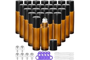 KEYWING 24 Pack Essential Oil Roller Bottles – 10ml Amber Glass Roll-On Bottles with Stainless Steel Roller Balls & Caps, Ref