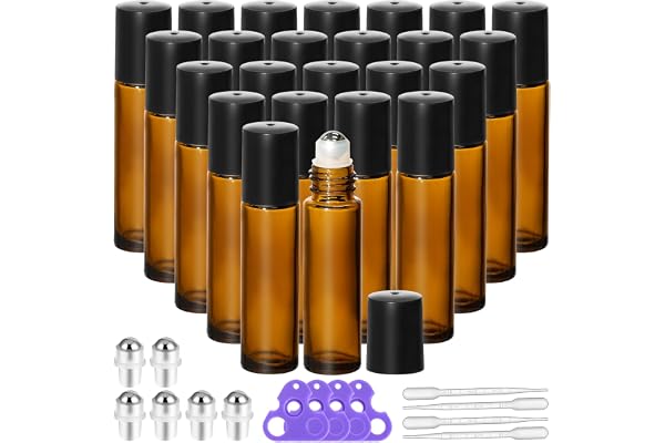 KEYWING 24 Pack Essential Oil Roller Bottles – 10ml Amber Glass Roll-On Bottles with Stainless Steel Roller Balls & Caps, Ref