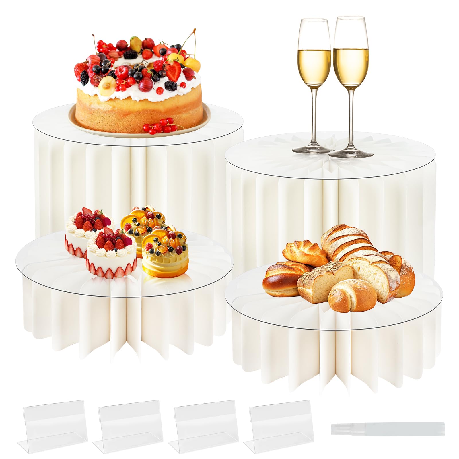 Photo 1 of 4 Pack Buffet Risers, Foldable Food Display Stands for Dessert Table, Acrylic Cake Riser Columns for Party Wedding Birthday Decor, White Display Risers for Candy, Jewelry, Figures