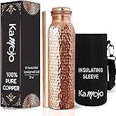 Kamojo Copper Water Bottle for Drinking - Hammered 100% Pure Copper Tumbler Cup with Leak Proof Lid, Removable Insulating Sleeve & Straw - Handcrafted Ayurvedic Cup for Water 32 fl oz