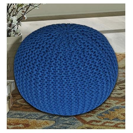 TIB Cotton The Intellect Bazaar Knitted Pouf (15 x15 x 14 inches), Blue