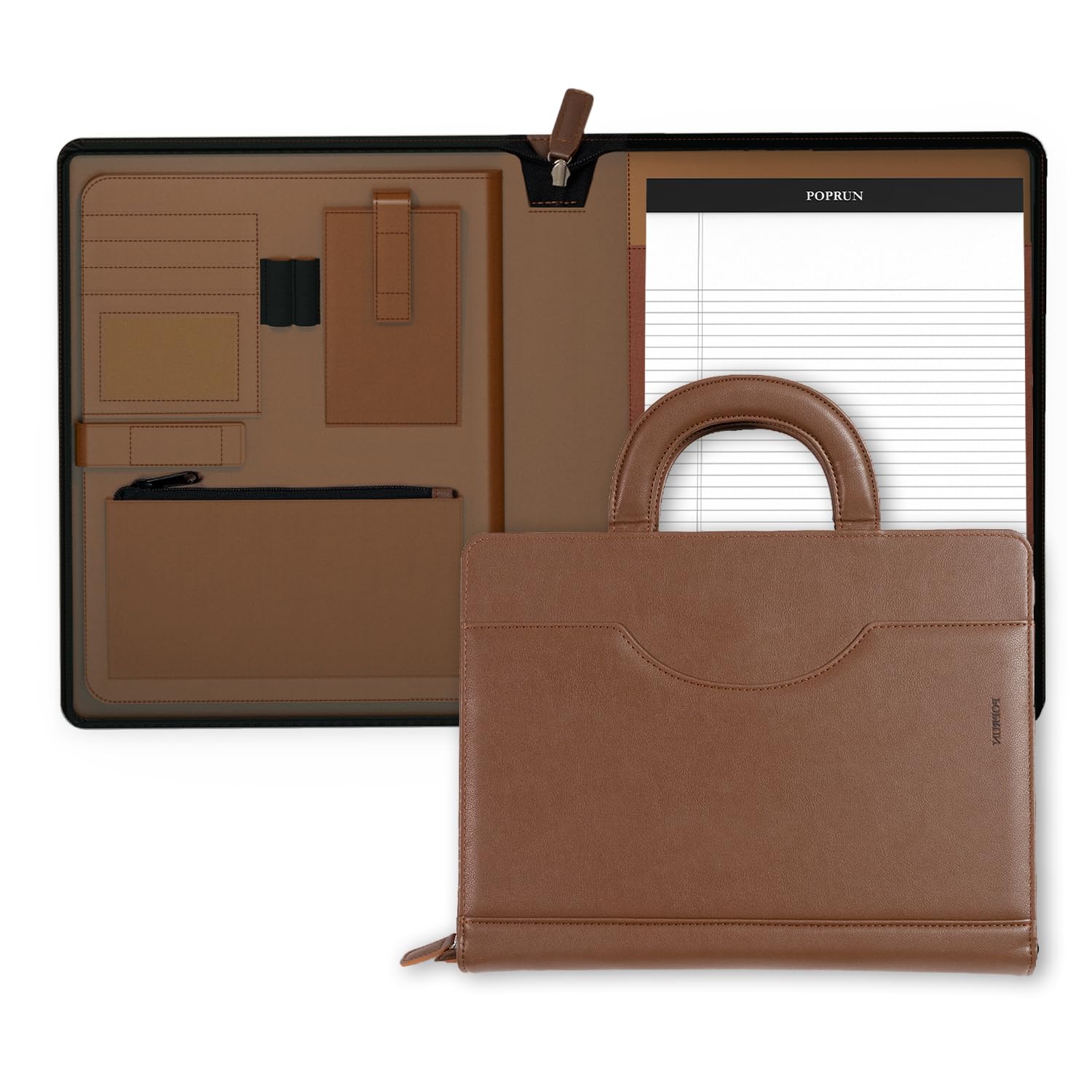 Photo 1 of POPRUN Portfolio Binder with Zipper, Leather Padfolio Document Organizer with Storage, Professional Business Briefcase Ideal for Meeting Presentation Work-Includes 50 Sheet Writing Pad, Brown