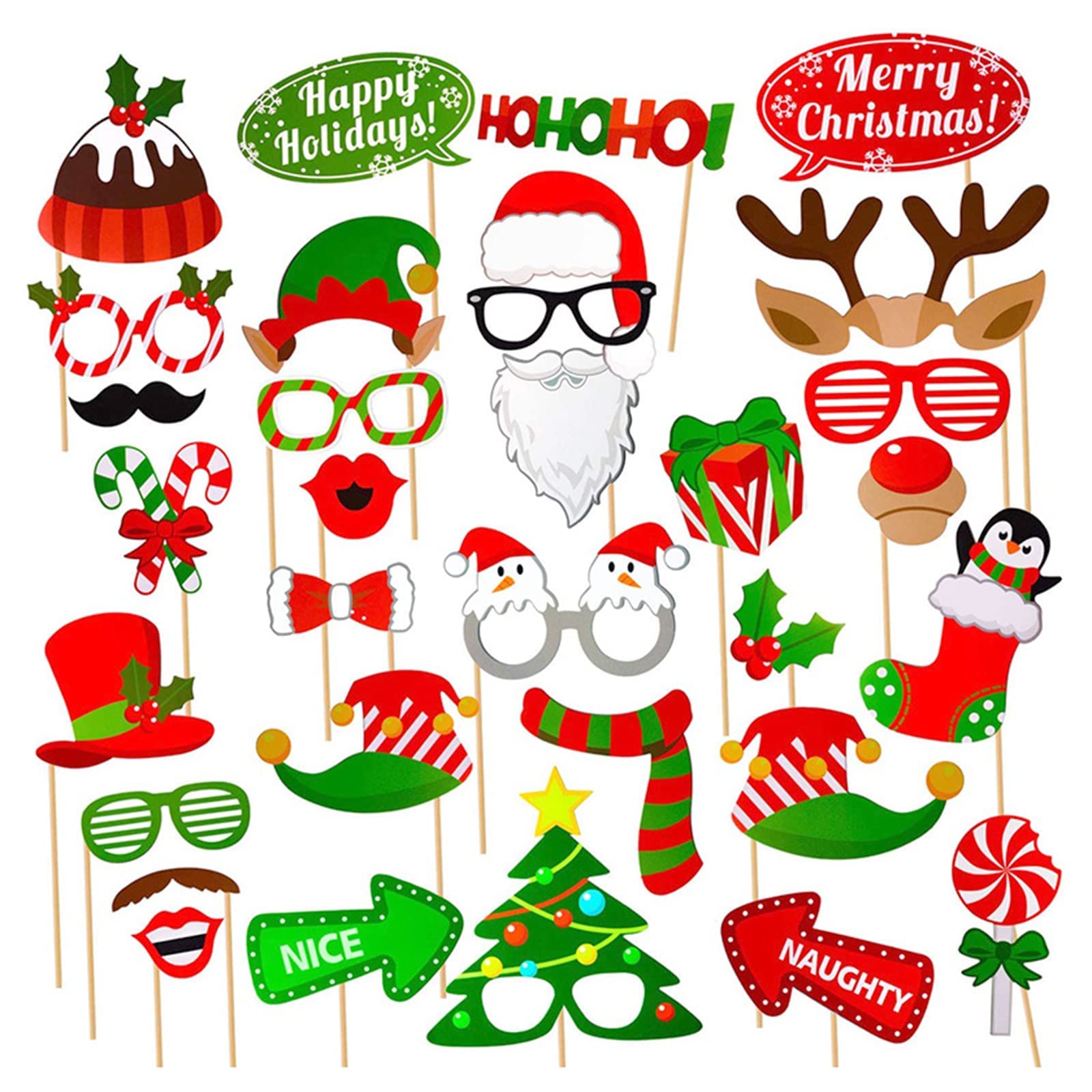 Rpanle Christmas Photo Booth Props, Selfie Props Accessories for Christmas Theme Party Favors for Adults Kids (32 Pieces)