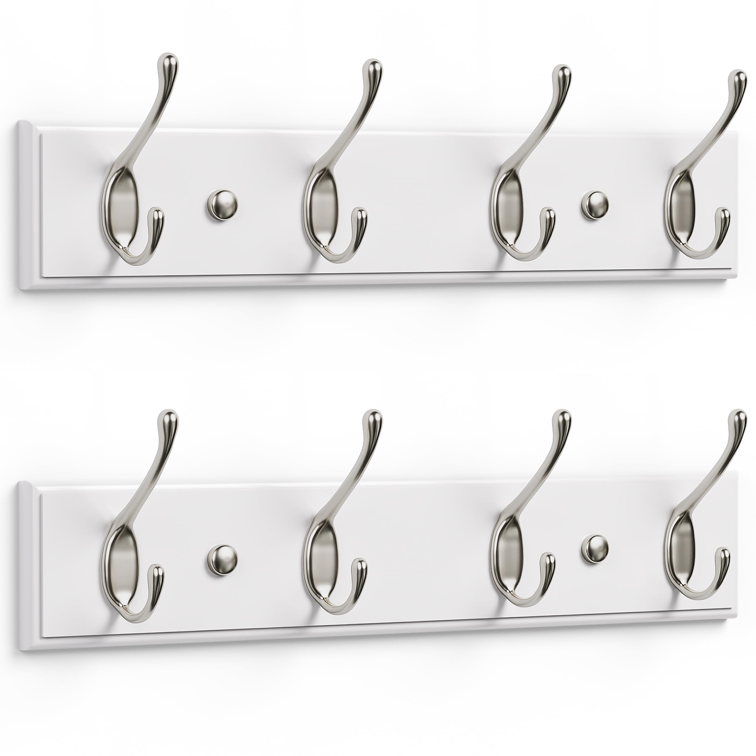 LARHN White Coat Hooks Wall Mounted Coat Rack (2-Pack) - 4 Matt-Nickel Wall Hooks - 42 cm - All Fixings Included for Quick & Easy Installation