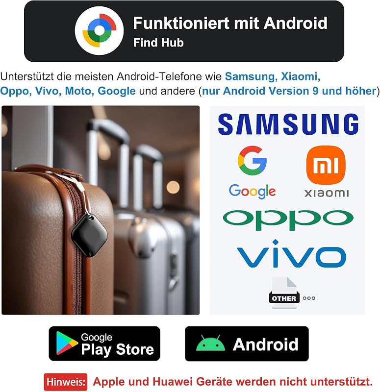 Tracker Android Smart Tag, Bluetooth Tracker Kompatibel mit Google Find My Hub App (Nur Android), Anti-Verlust Tracker für Schlüssel, Koffer, Rucksäcke, Taschen & mehr, Schwarz 4er-Pack