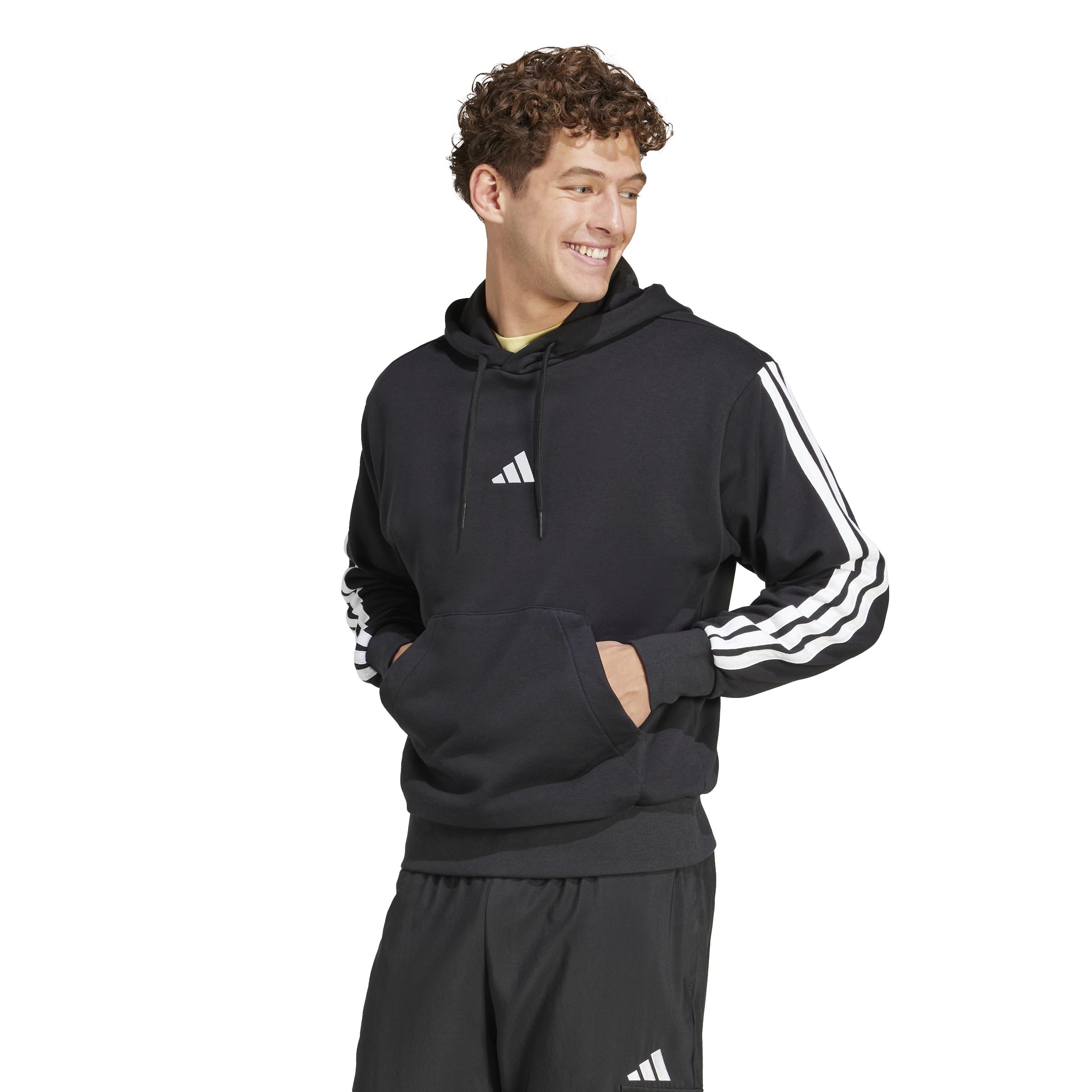 adidas Men’s Essentials 3-Stripes French Terry Hoodie, Black/White
