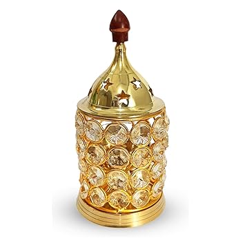 Moradabad Metal WorldBrass Akhand Jyot Diya with Decorative Crystals Oil Lamp Lantern for Diwali, Puja and Festival Decoration