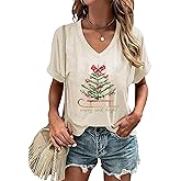 Christmas Shirts for Women Xmas Tree Graphic V Neck Tshirt Merry and Bright Festive Gift Tee Tops