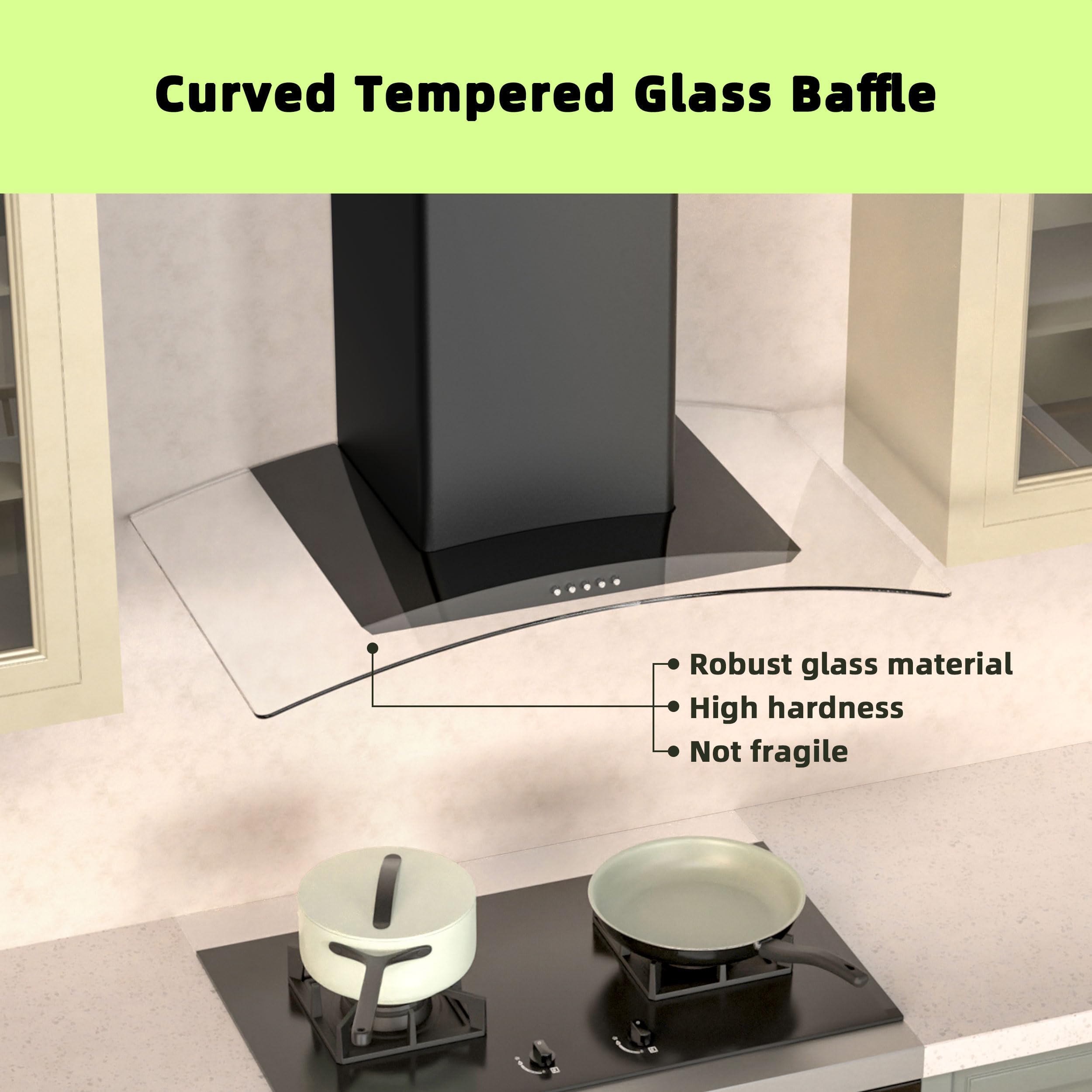 FIREGAS Wall Mount Range Hood 30 inch with 3 Speed Fan,black range hood with tempered glass,400CFM,Push Button Controls, LED Lighting, Permanent Filters in Stainless Steel,includes 2 Charcoal Filters