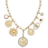 BONJOULRY Charm Necklace for Women Gold Evil Eye Sun Moon Flower Coin Pendant Necklace Dainty Paperclip Chain Vintage Luck Amulet Choker Necklaces Celestial Jewelry Gift