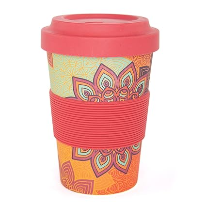 YogiCup2Go, Bambus Coffee-to-go-Becher mit Print'Sunflower', rot-orange, Bamboo-Cup als Mehrweg-Tasse für unterwegs, mit Sili