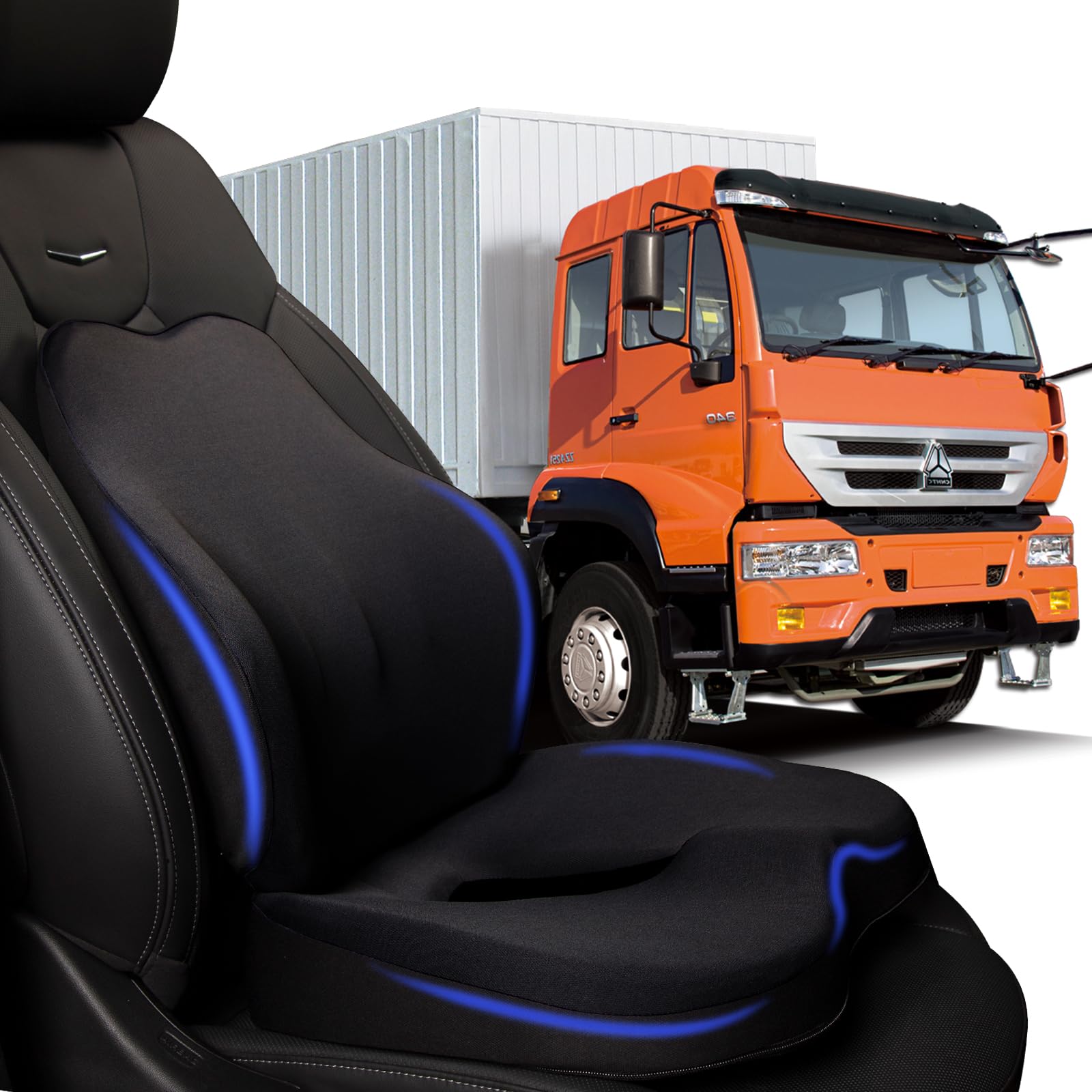 Photo 1 of Truck Seat Cushion, 2PC 100% Memory Foam Seat Cushion for Truck Driver, Truck Driver Seat Cushion & Back Support, Semi Truck Accessories for Men -Seat cushion-18x14.5x3.5in, Lumbar Cushion-16.5x15.4x5