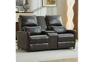 DRMBOOK 63'' RV Loveseat Recliner Sofa, Faux Leather Double Camper Couch 2 Seater Recliner with Console, Home Movie Theater Seating Chair, 2 Person Push Back Recliners for Living Room, Red & Brown