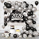 AIBIIN 79pcs 2026 Happy New Year Decorations Kit New Years Eve Party Supplies Black and Silver Hello 2026 Backdrop Banner Party Decorations for Happy 2026 Party Decoration