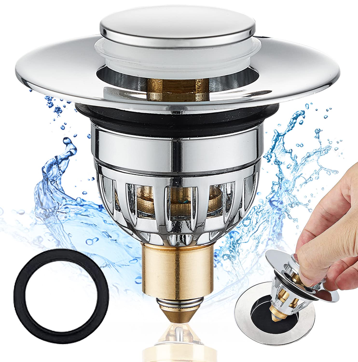 Tomario Sink Plugs Bathroom Plug, Stainless Steel Bathroom Basin Plug Pop Up Plugs for Wash Basin, Push-Type Sink Plug Replacement Bath Drainer Filter Plug with Bounce Core for 34-40mm Drain Hole