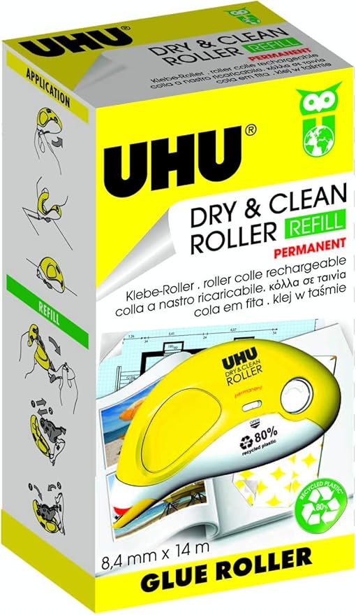 Uhu 50490 Dry and Clean Adhesive Roller, Permanent, 8.4 mm x 14 m