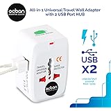 All in One Universal Travel Wall Adapter AC Power AU UK US EU Plug Adapter White Kit 2 USB Port HUB Surge Protector + 150 Countries Secure Safety Protect Portability Lightweight Top GREAT PRICE OCBAN