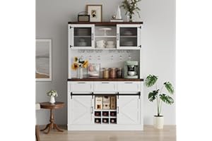 GarveeHome Farmhouse Buffet Cabinet with Sliding Barn Door,Sideboard Coffee Wine Bar Cabinet w/ 3 Drawers, 2 Barn Door, Wine & Glass Rack, Storage Shelves, Liquor Coffee Bar Cupboard for Kitchen